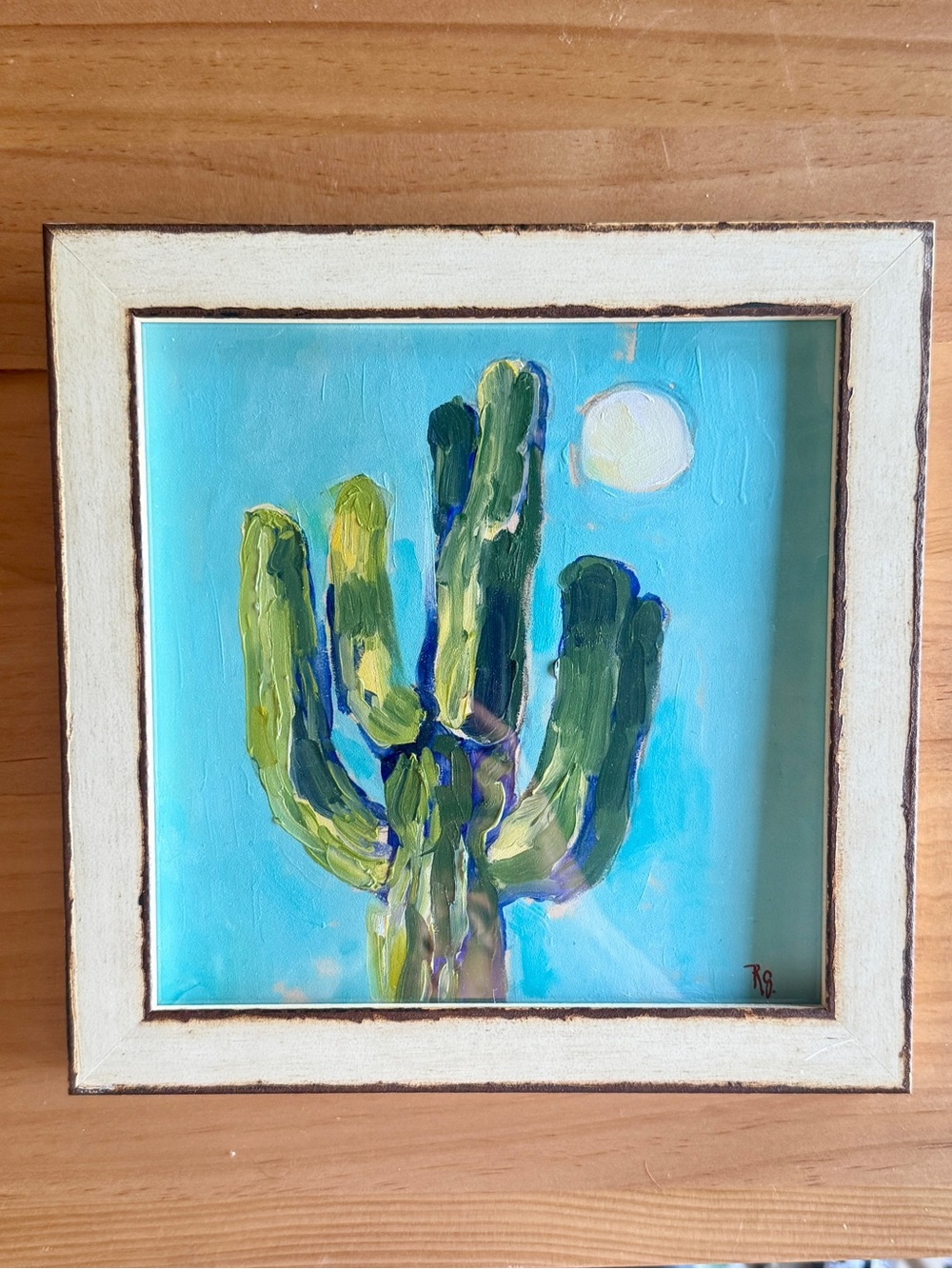 Original Framed Cactus Acrylic Painting in Turquoise and Green 10x10”